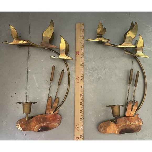 VINTAGE MCM SEAGULLS METAL WALL HANGING BIRDS CANDLE HOLDER BRASS SET OF 2 - Picture 2 of 11